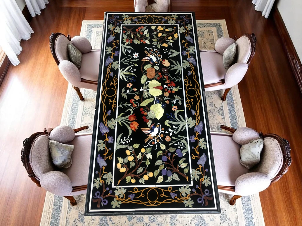 Luxury Dining Table Black Marble Top Semi Precious Pietradura Art Decor